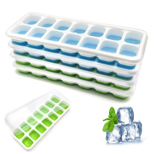 YAZHED 4 Pack Silikon Eiswürfelform mit Deckel LFGB Zertifiziert und BPA Frei Eiswürfelbehälter Stapelbar Leicht zu Lösen Leicht zu Entfernen für Kaffee Cocktails Whisky Getränke (2*Blau + 2*Grün) von YAZHED