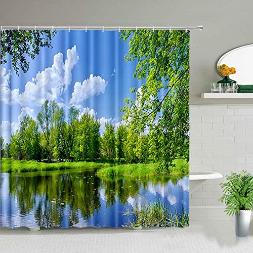 Natürliche Landschaft Duschvorhänge Wald Bäume Grüne Wiese Blume Frühlingslandschaft Badezimmer Dekor Wasserdichtes Stoffvorhang Set 120x200cm(47.24x78.74in) von YAZHULUCK