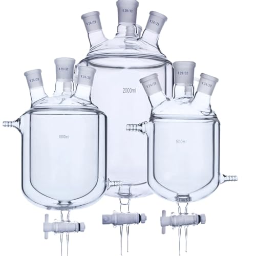 Glas Becherglas, Rundbodenkolben， Labor-Dreihals-Doppelschicht-Reaktionsflasche, Auslassventil, 250–2000 ml, 14–29 mm Gelenke(2000ml 29-24-24-24) von YBAAKZIIR