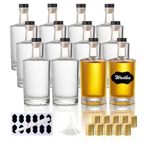 YBCPACK 12 Stück 100ml Glasflaschen zum Befüllen, Kleine Schnapsflaschen mit Korken, Schrumpfkappe, Trichter, Etiketten - Leer Likörflaschen Perfekt für Liköre, Schnäpse und Säfte von YBCPACK