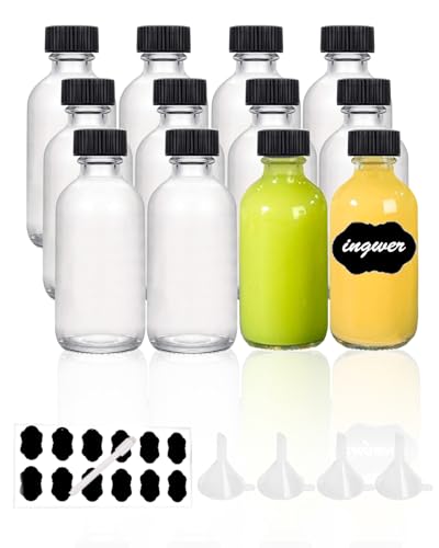 YBCPACK 12 Stück Kleine Flaschen zum Befüllen 120ml Mini Shot Glasflaschen mit Trichter, Etiketten und Stift, Perfekt für Ingwer, schnaps, Likör und andere drinks von YBCPACK