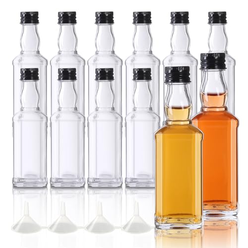 YBCPACK 12 Stück Kleine Glasflaschen zum Befüllen 50ml Leer Likörflaschen, Mini Schnapsflaschen mit Schraubverschluss, Trichter, Perfekt für Eierlikör, Tequila, Schnäpse von YBCPACK
