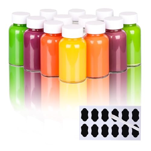 YBCPACK 12 Stück Ingwer Shot Flaschen zum Befüllen 120ml | Kleine Shot Glasflaschen mit Etiketten und Stift,Shotgläser mit Deckel für Ingwershots, Detox Drinks & Spirituosen | Spülmaschinenfest von YBCPACK