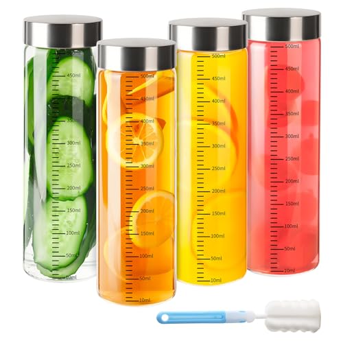YBCPACK 4 Stück Trinkflaschen Glas 500ml mit Metalldeckel, wiederverwendenbare Smoothie Glasflaschen mit Skala, luftdichte Saftflaschen zum Befüllen für Wasser und Kalte Getränke von YBCPACK
