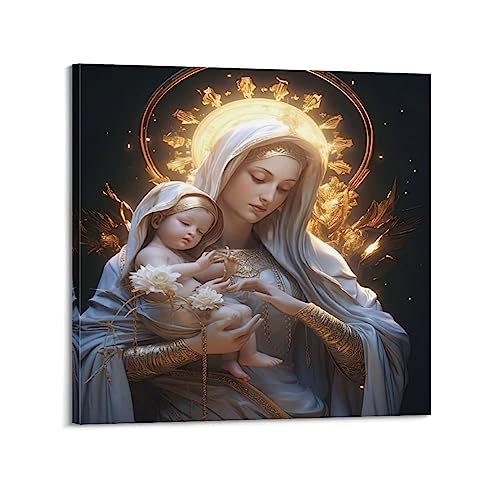 YBHF Jungfrau Maria Poster Heilige Maria und Jesuskind, Wandkunstdruck, Retro-ästhetische Raumdekoration, Gemälde, Leinwand, 40 x 40 cm, Rahmenstil von YBHF