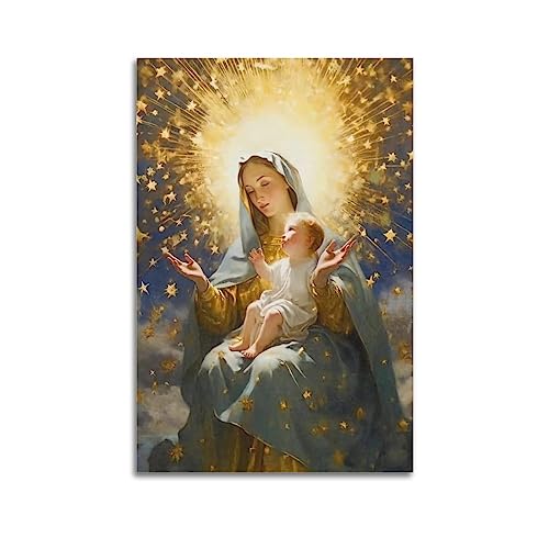 YBHF Poster Jungfrau Maria und Jesus, gesegnete Heilige Mutter, Maria und Jesuskind, Wandkunstdruck, Retro, ästhetische Raumdekoration, Gemälde, Leinwand, 30 x 45 cm, ungerahmt von YBHF