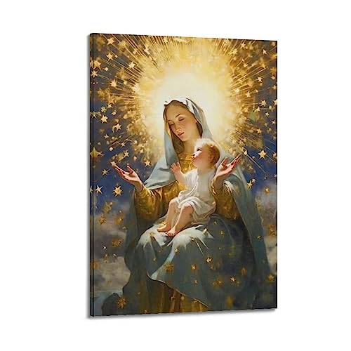 YBHF Poster Jungfrau Maria und Jesus, gesegnete Heilige Mutter Maria und Jesuskind, Wandkunstdruck, Retro, ästhetische Raumdekoration, Gemälde, Leinwand, 20 x 30 cm, Rahmenstil von YBHF