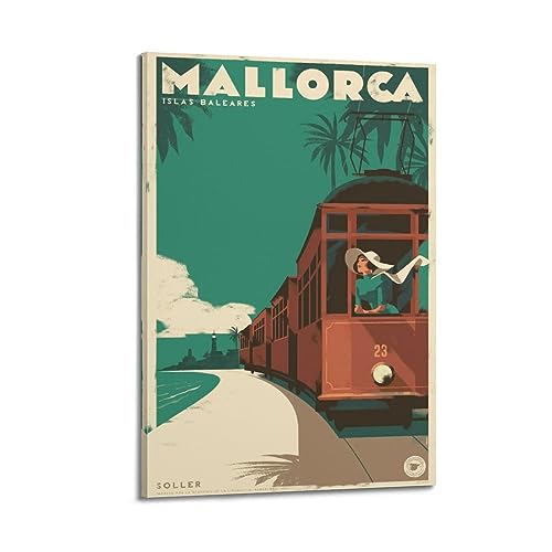 YBHF Vintage-Reiseposter Mallorca-Poster, Wandkunstdruck, Retro-Ästhetik, Raumdekoration, Bürodekoration, 50 x 75 cm, Rahmen-Stil von YBHF