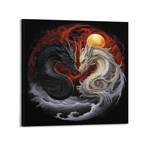 Zen-Poster, weiße und schwarze Drachen, Yin Yang, Wandkunstdruck, Retro-Ästhetik, Raumdekoration, Bürodekoration, 50 x 50 cm, Rahmenstil von YBHF