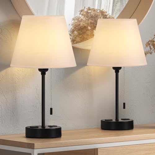 Schlafzimmer Tischlampen, Kleine Nachttischlampen Set von 2, Schwarze Metall Nachttischlampen mit Leinenschatten für Schminktisch Wohnzimmer von YBING