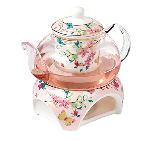 YBK Tech Teekanne mit Stövchen und Teesieb aus feinem Porzellan und Glas (Rosa (Schmetterlingenmuster)) von YBKTEX