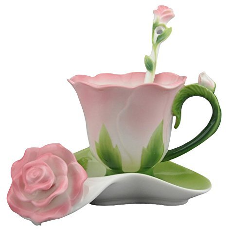 YBK Tech Creative 3D Rose Bone China Keramik Kaffeetassen Nachmittagstee Tasse und Untertasse Set (Pink) von YBKTEX
