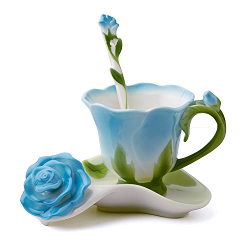 YBK Tech Creative 3D Rose Bone China Keramik Kaffeetassen Nachmittagstee Tasse und Untertasse Set (blau) von YBK Tech