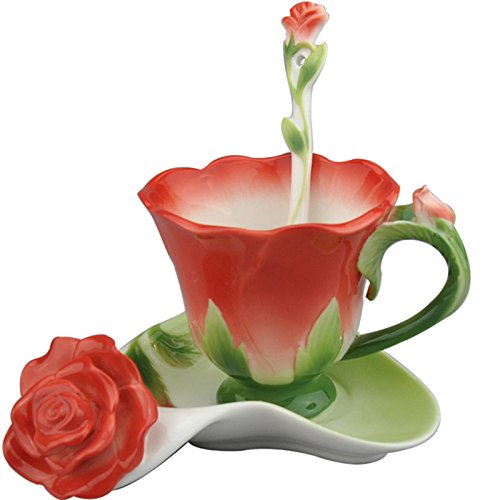 YBK Tech Creative 3D Rose Bone China Keramik Kaffeetassen Nachmittagstee Tasse und Untertasse Set (rot) von YBK Tech