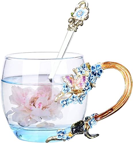 YBK Tech Creative Flower Glasbecher in Geschenkbox, violetter Schmetterling und Pflaumenblüte, 320 ml, Blau von YBKTEX