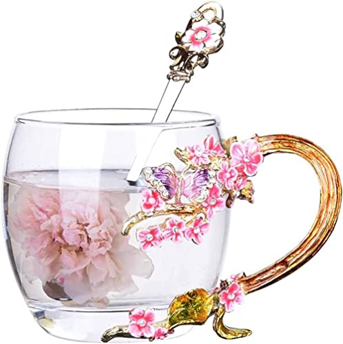 YBK Tech Creative Flower Glasbecher in Geschenkbox, violetter Schmetterling und Pflaumenblüte, klein, 320 ml von YBK Tech