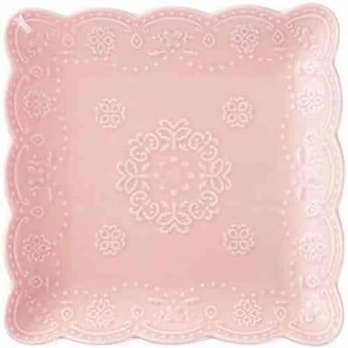 YBK Tech Eleganter quadratischer geprägter Spitzenteller, Keramik-Servierplatte für Frühstück, Nachmittagstee, Rosa, 25,4 cm von YBK Tech