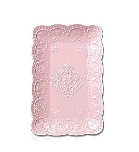 YBK Tech Eleganter rechteckiger geprägter Spitzenteller aus Knochenporzellan, Dessertteller aus Keramik für Frühstück, Nachmittagstee (Rosa, 25,4 cm) von YBK Tech