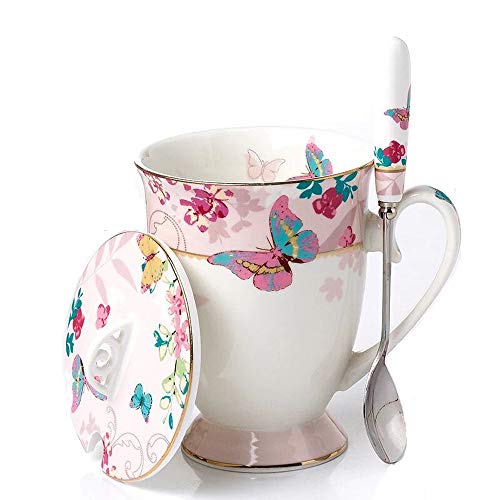 Eplze YBK Tech Euro Style Porzellan Teetasse Kaffeebecher mit Deckel für Frühstück Haus Küche ((Schmetterlinge Muster) (Rosa)) von Eplze