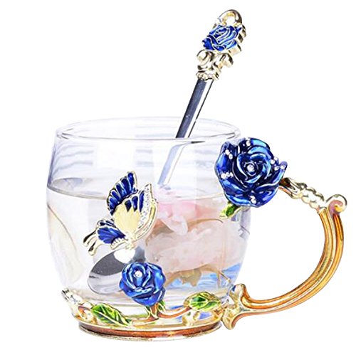 YBK Tech Kreative Blume Glasbecher Kristallglas Teetasse mit Henkel für Heißgetränke, Eistee, Nackter Saft - Blauer Schmetterling und blaue Rose (klein (320 ml) ohne Geschenkbox) von YBKTEX