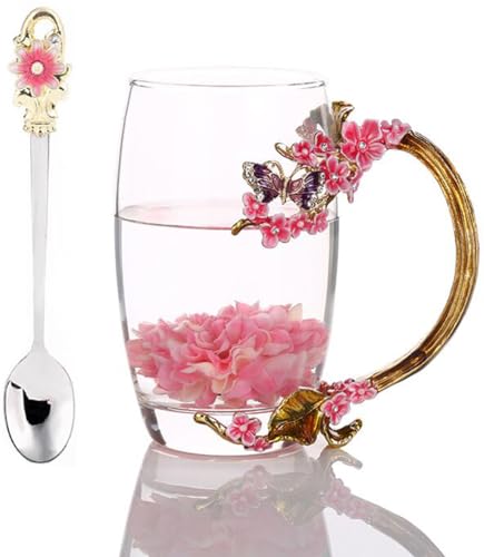 YBK Tech Kreative Blume Glas Tasse Kristallglas Teetasse für Heißgetränke, Eistee - Lila Schmetterling und Pflaumenblüte (ohne Geschenkbox) (Pink, Big (350ml) von YBKTEX