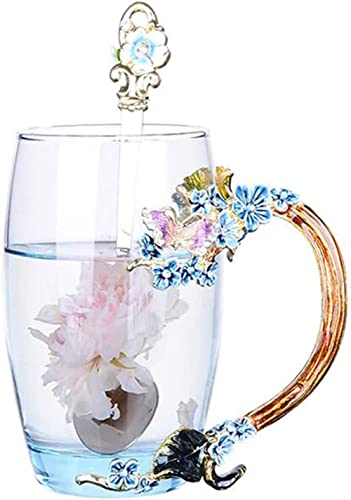 YBK Tech Kreative Blumen-Glas-Tasse, Kristallglas-Teetasse für heiße Getränke, Eistee – lila Schmetterling und Pflaumenblüte (ohne Geschenkbox) (blau, groß (350 ml)) von YBK Tech