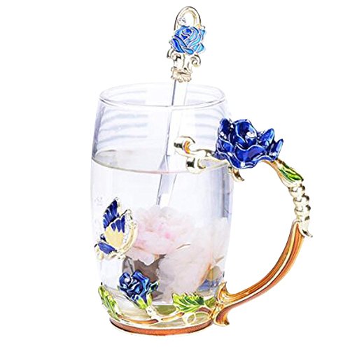 YBK Tech Kreative Blume Glastasse Kristallglas Teetasse mit Griff für Heißgetränke, Eistee, nackten Saft – Blauer Schmetterling und blaue Rose (groß (350 ml) ohne Geschenkbox) von YBKTEX