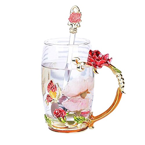 YBK Tech Kreative Blumenglas-Tasse aus Kristallglas mit Griff für Heißgetränke, Eistee, nackten Saft – roter Schmetterling und rote Rose (groß (350 ml) ohne Geschenkbox) von YBK Tech