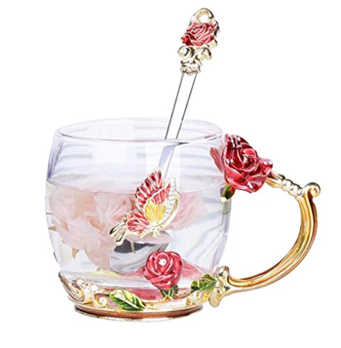 YBK Tech Kreative Blume Glastasse Kristallglas Teetasse mit Griff für heiße Getränke, Eistee, nackten Saft – roter Schmetterling und rote Rose (klein (320 ml) ohne Geschenkbox) von YBK Tech