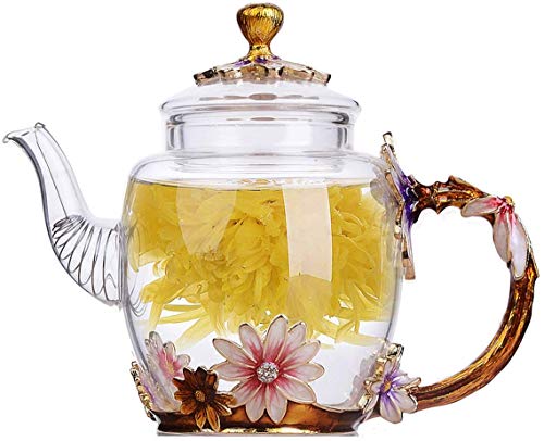 YBK Tech Kreative Glas-Teekanne mit Blume, Kristallglas, Teekanne für Kung-Tee, gutes Geschenk für Schwester, Mutter, Oma, Lehrer (Chrysantheme (goldener Griff)) von YBK Tech