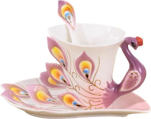 YBK Tech Lucky Cup Creative 3D Pfau Knochenporzellan Keramik Kaffeetassen Nachmittagstee Tasse und Untertasse Set (lila) von YBKTEX