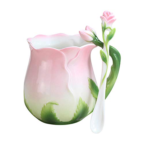 YBK Tech Neuheit 3D Rose Cup Bone China Porzellan Kaffee Tasse Nachmittag Tee Tasse Löffel Set (Pink) von YBKTEX