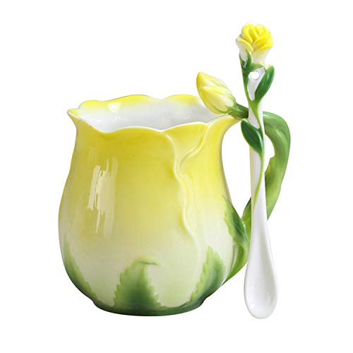 YBK Tech Neuheit 3D Rose Cup Bone China Porzellan Kaffee Tasse Nachmittag Tee Tasse Löffel Set (gelb) von YBK Tech