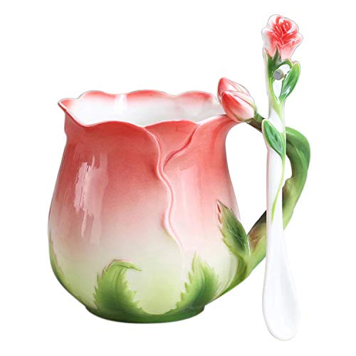 YBK Tech Neuheit 3D Rose Tasse Bone China Porzellan Kaffee Tasse Nachmittag Tee Tasse und Löffel Set (rot) von YBK Tech