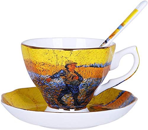 YBK Tech Ölgemälde Keramik Tasse und Untertasse, Teetasse aus Knochenporzellan – Van Gogh Serie (Der Säuter) von YBK Tech