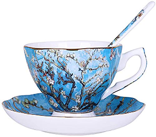 YBK Tech Ölgemälde Keramik Tasse und Untertasse Set Bone China Teetasse – Van Gogh Serie (Apricot Flower) von YBK Tech