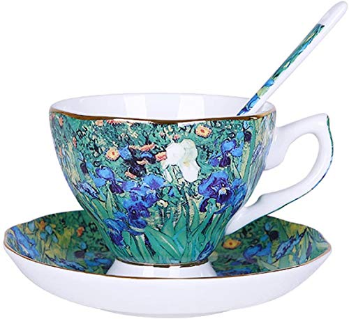 YBK Tech Ölgemälde Keramik Tasse und Untertasse Set Bone China Teetasse – Van Gogh Serie (Iris Flower) von YBK Tech