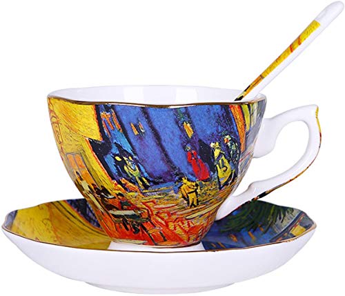 YBK Tech Ölgemälde Keramik Tasse und Untertasse Set Bone China Teetasse – Van Gogh Serie (Nachtcafé) von YBK Tech