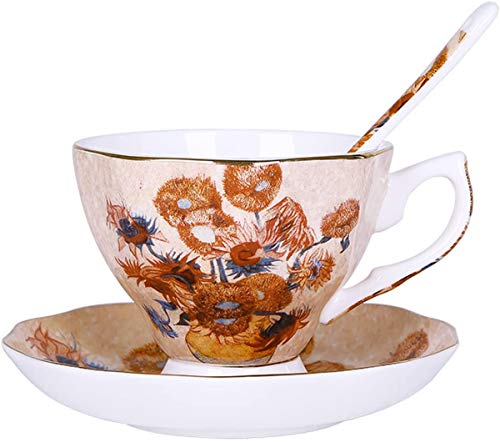 YBK Tech Ölgemälde Keramik Tasse und Untertasse Set Bone China Teetasse – Van Gogh Serie (Sonnenblume) von YBK Tech