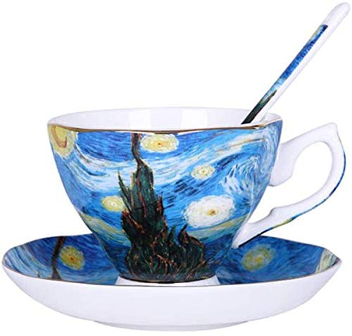 Eplze® YBK Tech Teetasse und Untertasse aus Knochenporzellan, 200 ml, Design inspiriert von Van Goghs Gemälden (Sternennacht) von YBK Tech