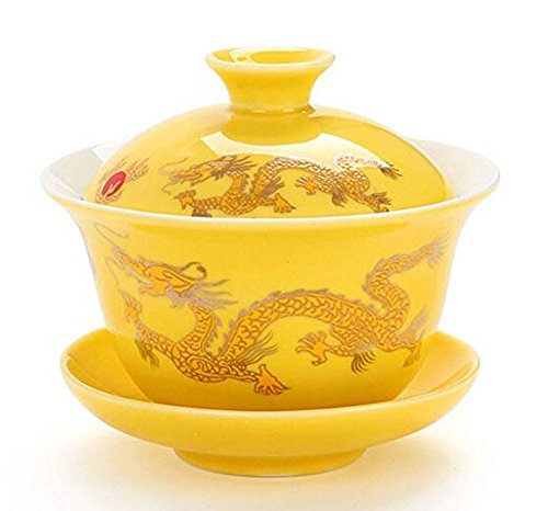 YBK Tech Porzellan Kung Fu Teetasse und Untertasse mit Deckel, traditionelles chinesisches Gaiwan Sancai Teeschale, Teeset mit Drachenmuster (gelb) von YBK Tech