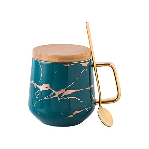 YBK Tech Porzellan-Teetasse Kaffeetassen-Set für Nachmittagstee – Marmor-Muster (blau, hoch 400 ml + Holzdeckel) von Eplze