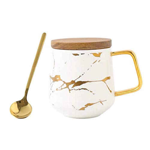 YBK Tech Porzellan-Teetasse Kaffeetassen-Set für Nachmittagstee – Marmor-Muster (weiß, hoch 400 ml + Holzdeckel) von Eplze