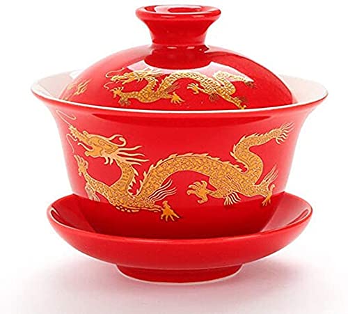 YBK Tech Porzellan-Teetasse und Untertasse mit Deckel, traditionelles chinesisches Gaiwan Sancai Teeschale mit Drachenmuster (leicht größer) von YBKTEX