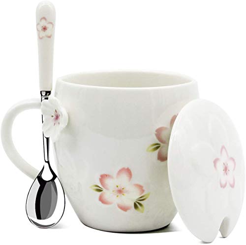 YBK Tech Strength Porzellan-Keramik-Teetasse, süße Kirschblüten-Kaffeetasse mit Löffel für Zuhause, Büro, Küche (weiß) von YBK Tech