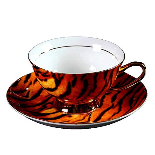 YBK Tech Tasse und Untertasse im Euro-Stil, aus Knochenporzellan, Keramik, für Tee und Kaffee, für Zuhause, Küche, Hochzeit, (Tigermuster) von YBK Tech