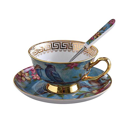 Eplze YBK Tech Euro-Stil Tasse und Untertasse, Knochenporzellan, Teetasse für Frühstück, Zuhause, Küche, Vögel und Bäume, Blau von Eplze