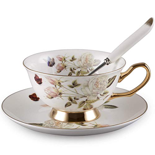 YBK Tech Tasse und Untertasse im Euro-Stil, feines Porzellan, Keramik, für Tee und Kaffee, für Zuhause, Küche, Hochzeit (weiße Rose) von YBKTEX