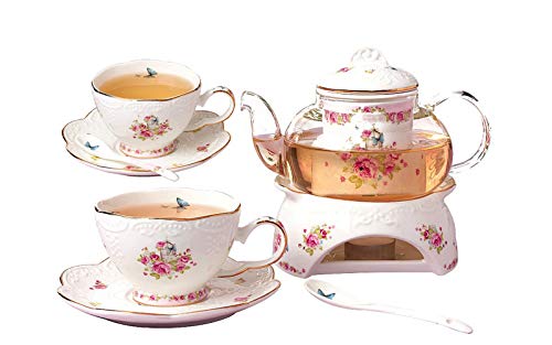 YBK Tech Tee-Set für 2, Knochenporzellan Kaffeekanne, Teekanne und Untertasse, Set mit Stövchen und Tee-Ei, Blumenmuster (Muster II) von YBK Tech