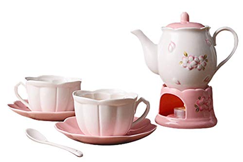 YBK Tech Tee-Set für 2, Knochenporzellan Kaffeekanne, Teekanne und Untertasse, Set mit Stövchen und Tee-Ei, Kirschblüten-Design (Porzellan-Teekanne) von YBK Tech